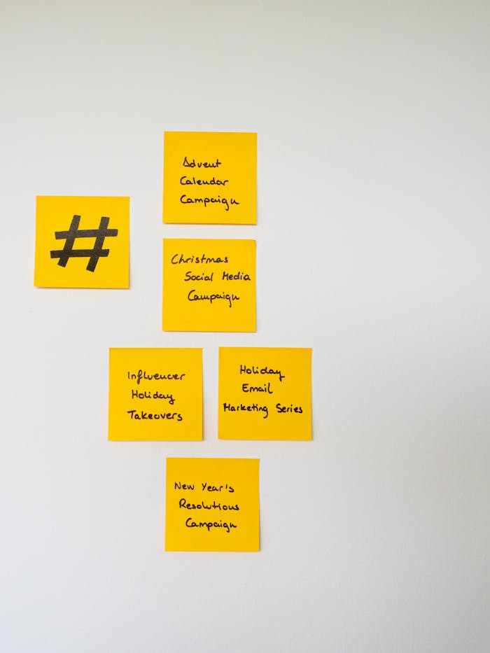 home-hero Yellow sticky notes with handwritten marketing campaign ideas on a wall.